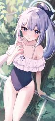 Rule 34 | 1girl, absurdres, bare legs, bare shoulders, black one-piece swimsuit, blue archive, blue halo, blush, cellphone, collarbone, feet out of frame, frilled one-piece swimsuit, frills, grey hair, hair between eyes, halo, highres, holding, holding phone, leopon pon, long hair, looking at viewer, miyako (blue archive), miyako (swimsuit) (blue archive), official alternate costume, one-piece swimsuit, open mouth, phone, ponytail, purple eyes, smartphone, solo, swimsuit