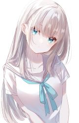 Rule 34 | 1girl, blue bow, blue eyes, blush, bow, breasts, closed mouth, collarbone, grey hair, head tilt, highres, long hair, looking at viewer, misumi (macaroni), original, sailor collar, school uniform, serafuku, shirt, short sleeves, simple background, small breasts, solo, upper body, very long hair, white background, white sailor collar, white shirt