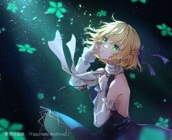 Rule 34 | 1girl, blonde hair, blue dress, breasts, crying, crying with eyes open, dress, green eyes, hair between eyes, medium breasts, mizuhashi parsee, parted lips, pointy ears, scarf, see-through, see-through sleeves, shironeko yuuki, short hair, solo, tears, touhou, upper body, white scarf