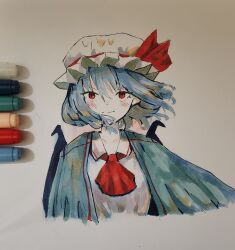 Rule 34 | 1girl, art tools in frame, ascot, bat wings, blue hair, blue shawl, blush, bow, collared shirt, cropped torso, floating hair, frilled hat, frills, hat, hat bow, highres, looking at viewer, marker (medium), mob cap, red ascot, red bow, red eyes, remilia scarlet, shawl, shirt, short hair, slit pupils, solo, straight-on, touhou, traditional media, upper body, vanilla flan, white hat, white shirt, wings