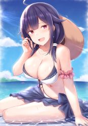 Rule 34 | 1girl, :d, ahoge, alternate costume, arm scrunchie, arm support, bare shoulders, beach, bikini, blurry, blurry background, blush, breasts, cai geng, cleavage, collarbone, day, enemy lifebuoy (kancolle), female focus, groin, hair flaps, hand in own hair, hat, highres, kantai collection, large breasts, long hair, looking at viewer, low twintails, navel, ocean, open mouth, outdoors, purple hair, purple sarong, red eyes, sarong, see-through, sidelocks, sitting, skindentation, smile, solo, sparkle, stomach, sun hat, sunlight, swimsuit, taigei (kancolle), thighs, twintails, wet, white bikini, yokozuwari