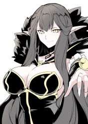 Rule 34 | 1girl, absurdres, black dress, breasts, closed mouth, commentary request, dress, fate/apocrypha, fate (series), fingernails, grey hair, halcon, highres, large breasts, long hair, nail polish, pointy ears, semiramis (fate), simple background, slit pupils, smile, solo, upper body, very long hair, white background, white nails, yellow eyes