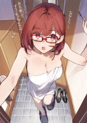 Rule 34 | 1girl, 92m, ahoge, bare shoulders, black footwear, breasts, cleavage, collarbone, commentary request, glasses, highres, holding, holding spoon, kinshi no ane (92m), large breasts, looking at viewer, naked towel, original, pink eyes, red-framed eyewear, red hair, shoes, short hair, solo, spoon, standing, towel, translation request