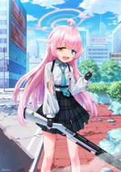 Rule 34 | 1girl, ahoge, blue archive, cityscape, fang, fingerless gloves, gloves, gun, halo, heterochromia, highres, hoshino (blue archive), id card, injury, looking at viewer, molmo, necktie, pink hair, road, school uniform, shotgun, sky, solo, standing, street, torn clothes, weapon