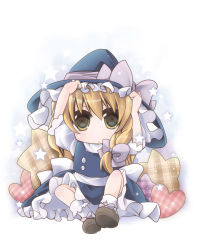 Rule 34 | 1girl, blonde hair, bow, chibi, female focus, frilled socks, frills, hair bow, hat, hat bow, heart, highres, kirisame marisa, pillow, puffy sleeves, short sleeves, socks, solo, star (symbol), touhou, witch hat, yanagise, yellow eyes