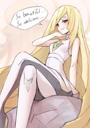 Rule 34 | 1girl, bare arms, bare shoulders, blonde hair, blunt bangs, blush, brown eyes, commentary request, covered erect nipples, creatures (company), crossed legs, dress, english text, game freak, gen 7 pokemon, hair over one eye, long hair, looking at viewer, lusamine (pokemon), mature female, nihilego, nintendo, pantyhose, pokemon, pokemon sm, short dress, sitting, sleeveless, sleeveless dress, smile, solo, spoilers, ultra beast, very long hair, waero, white pantyhose