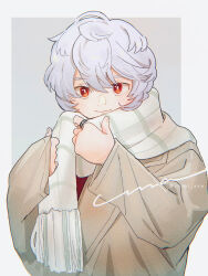 Rule 34 | 1boy, chibi ake, closed mouth, coat, grey background, grey coat, hands up, highres, jewelry, kuga yuuma, long sleeves, looking at viewer, male focus, red eyes, ring, shirt, short hair, signature, smile, solo, twitter username, upper body, white hair, white shirt, world trigger