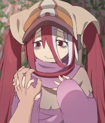 Rule 34 | 1boy, 1girl, absurdres, bags under eyes, bitseon, closed mouth, embarrassed, hands up, hat, head scarf, hetero, highres, holding hands, holding hands is lewd, long hair, made in abyss, purple robe, red eyes, red hair, robe, smile, sweat, twintails, vueko