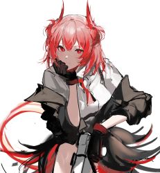 Rule 34 | 1girl, animal ears, arknights, bird ears, bird girl, bird tail, black gloves, black jacket, collared shirt, fiammetta (arknights), gloves, hair between eyes, highres, jacket, joshua (shisanli934), looking at viewer, necktie, off shoulder, open clothes, open jacket, red eyes, red gloves, red hair, red necktie, shirt, short hair, short necktie, simple background, sitting, solo, tail, two-tone gloves, white background, white shirt