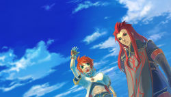 Rule 34 | 00s, 2boys, asch (tales), blue background, cloud, day, gloves, green eyes, long hair, luke fon fabre, male focus, multiple boys, navel, outdoors, red hair, sky, smile, surcoat, tales of (series), tales of the abyss, wataame (green tea)