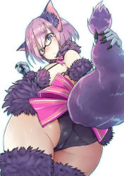 Rule 34 | 1girl, absurdres, animal ears, ass, bare shoulders, beriko (dotera house), black panties, breasts, claws, fate/grand order, fate (series), glasses, halloween costume, highres, looking at viewer, looking back, mash kyrielight, mash kyrielight (dangerous beast), medium breasts, official alternate costume, panties, purple eyes, purple hair, purple thighhighs, short hair, simple background, solo, tail, thighhighs, thighs, trefoil, underwear, white background, wide hips, wolf ears, wolf tail