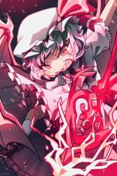 Rule 34 | 1girl, bat wings, commentary, dress, hat, hat ribbon, highres, holding, holding weapon, looking at viewer, mob cap, purple hair, red eyes, red ribbon, remilia scarlet, ribbon, sharp teeth, short hair, short sleeves, solo, spear the gungnir, teeth, touhou, weapon, white dress, white hat, wings, zuomerika