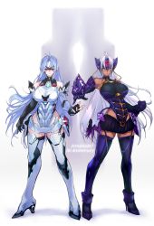 Rule 34 | 2girls, absurdres, android, bare shoulders, blue eyes, blue hair, breasts, cleavage, cyborg, dark skin, dark-skinned female, elbow gloves, expressionless, forehead protector, glasses, gloves, highres, kos-mos, kos-mos re:, large breasts, leotard, long hair, looking at viewer, multiple girls, negresco, nintendo, red eyes, silver hair, simple background, standing, t-elos, t-elos re:, thighhighs, very long hair, white leotard, xenoblade chronicles (series), xenoblade chronicles 2, xenosaga, xenosaga episode iii