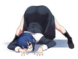 Rule 34 | 1girl, ahoge, all fours, ankle boots, ass, bare legs, bent over, black-framed eyewear, black dress, black footwear, blue eyes, blue hair, blush, boots, ciel (tsukihime), combat boots, commentary, dress, english commentary, full body, glasses, ishii takuma, jack-o&#039; challenge, legs apart, long dress, looking at viewer, meme, nun, parted lips, semi-rimless eyewear, shadow, short hair, sidelocks, simple background, sleeve cuffs, solo, spread legs, top-down bottom-up, tsukihime, tsukihime (remake), under-rim eyewear, white background, wide spread legs