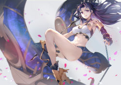 Rule 34 | 1girl, absurdres, asymmetrical legwear, asymmetrical sleeves, bare shoulders, black hair, breasts, chain, commentary, crown, earrings, elbow gloves, fate/grand order, fate (series), gloves, hair ribbon, highres, hoop earrings, ishtar (fate), jewelry, joehongtee, long hair, looking at viewer, medium breasts, navel, parted bangs, red eyes, ribbon, single elbow glove, single thighhigh, smile, solo, thighhighs, two side up, uneven legwear, uneven sleeves
