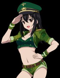 Rule 34 | 10s, 1girl, :d, arm up, belt, black hair, breasts, brown eyes, camouflage, camouflage jacket, camouflage shorts, cleavage, collarbone, cowboy shot, crop top, green hat, green jacket, green shorts, hair between eyes, hand on own hip, hat, himeragi yukina, jacket, long hair, looking at viewer, midriff, military hat, navel, open clothes, open jacket, open mouth, salute, short shorts, shorts, small breasts, smile, solo, standing, stomach, strike the blood, tank top, transparent background, wrist cuffs