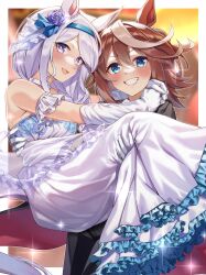 Rule 34 | 2girls, :d, absurdres, animal ears, bare shoulders, blush, bridal gauntlets, bridal veil, brown hair, carrying, comiket 102, commentary request, ear ornament, elbow gloves, gloves, grin, hachiroku (hatirokusann86), highres, horse ears, horse girl, horse tail, long hair, looking at viewer, mejiro mcqueen (heart exposed to the night breeze) (umamusume), mejiro mcqueen (umamusume), multiple girls, open mouth, princess carry, purple eyes, purple hair, smile, tail, tokai teio (umamusume), tokai teio (waltz of hiwing) (umamusume), umamusume, veil, white gloves, white hair