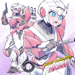 Rule 34 | 1girl, arcee, autobot, blue eyes, bumblebee (film), character name, copyright name, gun, hand on own hip, holding, holding gun, holding weapon, looking to the side, mecha, open mouth, robot, running, science fiction, smile, sunafuki tabito, transformers, transformers (live action), twisted torso, weapon, wheel