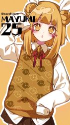 Rule 34 | 1girl, adapted costume, blonde hair, blunt bangs, blush, brown skirt, character name, contemporary, double bun, hair bun, hair ribbon, hand up, haniwa (statue), haniwa print, heart, highres, joutouguu mayumi, kyouda suzuka, looking at viewer, medium hair, neck ribbon, open mouth, outline, red ribbon, ribbon, skirt, sleeves past fingers, sleeves past wrists, solo, sweater vest, symbol-shaped pupils, touhou, twitter username, upper body, white outline, white ribbon, yellow background, yellow eyes