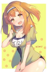 Rule 34 | 10s, 1girl, blush, breasts, brown eyes, cleavage, eyebrows, hair between eyes, hairband, i-26 (kancolle), jacket, jacket tug, kantai collection, large breasts, light brown hair, long hair, looking at viewer, name tag, nan (jyomyon), new school swimsuit, one-piece swimsuit, open clothes, open mouth, sailor collar, school swimsuit, short sleeves, smile, solo, swimsuit, swimsuit under clothes, two-tone hairband, two side up, wide sleeves, yellow background, yuudati04, zipper