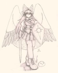 Rule 34 | 1girl, absurdres, alternate costume, bow, cape, closed mouth, commentary, dated, english commentary, full body, gloves, greyscale, hair bow, highres, holding, holding shield, holding sword, holding weapon, long hair, looking at viewer, monochrome, reiuji utsuho, shield, shoes, signature, skirt, sword, that kirisame, third eye, touhou, weapon, wings