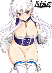 Rule 34 | 1girl, areola slip, artist name, asaga aoi, azur lane, belfast (azur lane), blue eyes, braid, breasts, chain, character name, cleavage, closed mouth, collarbone, french braid, gloves, hair between eyes, large breasts, long hair, looking at viewer, maid headdress, panties, panty pull, ribbon, side-tie panties, simple background, sitting, smile, solo, thighhighs, thighs, underwear, wakamezake, water, white background, white hair, white panties, white ribbon, white thighhighs