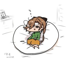 Rule 34 | 1girl, akigumo (kancolle), bean bag chair, brown hair, cold pack, computer, curse (023), green sweater, kantai collection, laptop, long hair, nose bubble, official alternate costume, orange skirt, skirt, sleeping, solo, sweater, zzz