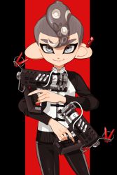 Rule 34 | 1boy, black jacket, black pants, closed mouth, commentary request, cowboy shot, dual wielding, glooga dualies (splatoon), grey eyes, grey hair, holding, jacket, logo, male focus, nintendo, octoling, octoling boy, octoling player character, pants, pillarboxed, pointy ears, raglan sleeves, red background, single vertical stripe, smile, solo, splatoon (series), splatoon 2, suction cups, tentacle hair, yeneny