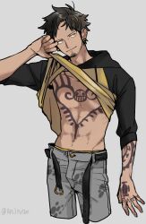 Rule 34 | 1boy, ani3nrtm, arm tattoo, belt, black hair, boxers, chest tattoo, closed mouth, clothes lift, denim, dots, earrings, facial hair, hand up, head tilt, highres, hood, hoodie, jeans, jewelry, male focus, male underwear, one piece, open belt, pants, shirt lift, short hair, simple background, sleeves rolled up, smile, solo, tattoo, trafalgar law, twitter username, underwear, yellow eyes