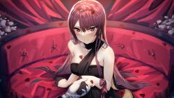 Rule 34 | 1boy, 1girl, absurdres, bare shoulders, black dress, black gloves, black scarf, blush, breasts, cleavage, closed mouth, cocktail dress, collarbone, commentary, couch, curtains, dress, embarrassed, english commentary, falling petals, flower, frown, girls&#039; frontline, gloves, hair between eyes, half gloves, head tilt, highres, holding hands, indoors, leaning forward, long hair, looking at viewer, medium breasts, parted bangs, petals, purple hair, red curtains, red eyes, red flower, red rose, rose, rose petals, scarf, shidoni, sidelocks, sitting, strapless, strapless dress, swept bangs, very long hair, wa2000 (girls&#039; frontline), white flower, white gloves
