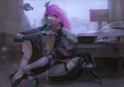 Rule 34 | 1girl, black jacket, black pants, blurry, blurry background, breasts, capri pants, car, commentary, cyberpunk, earrings, english commentary, full body, highres, jacket, jewelry, kioroshin, kneehighs, looking at viewer, mask, mechanical arms, medium breasts, medium hair, motor vehicle, mouth mask, no shirt, open clothes, open jacket, original, outdoors, pants, pasties, pink eyes, pink hair, rain, science fiction, signature, single kneehigh, single mechanical arm, single sock, sitting, socks, solo