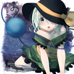 Rule 34 | 1girl, :o, artist name, bad id, bad pixiv id, bare shoulders, black hat, collarbone, commentary request, dated, floral print, green eyes, green hair, green skirt, hair over one eye, hat, hat ribbon, highres, komeiji koishi, looking at viewer, miri (miri0xl), off shoulder, ribbon, shirt, sitting, skirt, solo, third eye, touhou, water, yellow ribbon, yellow shirt