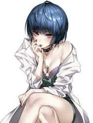 Rule 34 | 10s, 1girl, absurdres, blue hair, bra, breasts, brown eyes, head rest, choker, closed mouth, coat, collarbone, highres, hizuki akira, jewelry, lab coat, crossed legs, looking at viewer, nail polish, necklace, off shoulder, pale skin, persona, persona 5, purple bra, red nails, seiza, short hair, sitting, small breasts, smile, solo, takemi tae, underwear, upper body, white background, white coat
