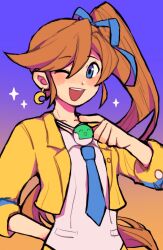 Rule 34 | 1girl, ;d, ace attorney, arm behind back, athena cykes, blue eyes, blue necktie, blue ribbon, blush, collared shirt, crescent, crescent earrings, cropped jacket, earrings, gradient background, hair ribbon, hand up, highres, jacket, jewelry, lapel pin, lapels, long hair, looking at viewer, necklace, necktie, one eye closed, open clothes, open collar, open jacket, open mouth, orange hair, ribbon, shirt, side ponytail, sidelocks, sleeve cuffs, sleeves past elbows, smile, solo, sparkle, swept bangs, upper body, very long hair, white shirt, yellow jacket, yezhi (48693232)