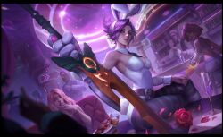 Rule 34 | 4boys, 4girls, animal ears, battle bunny riven, belt, blonde hair, breasts, brown belt, detached collar, fake animal ears, fake tail, flower, food, glass, gloves, highres, holding, holding weapon, large breasts, league of legends, leotard, long hair, multiple boys, multiple girls, official art, pantyhose, parted bangs, plate, ponytail, rabbit ears, rabbit tail, riven (league of legends), rose, sitting, smile, solo focus, striped clothes, striped pantyhose, table, tail, teeth, weapon, white gloves, white leotard