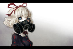 Rule 34 | 1girl, amagaya (rat-tat-tat), bad id, bad pixiv id, blonde hair, blue dress, blue eyes, bow, covering privates, covering face, dress, eyelashes, female focus, gas mask, gradient background, grey background, hair ribbon, letterboxed, looking at viewer, mask, medicine melancholy, respirator, ribbon, short hair, solo, touhou, upper body, white background