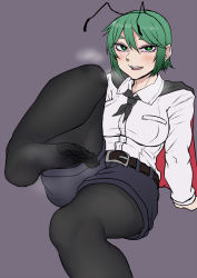 Rule 34 | 1girl, aged up, antennae, belt, black pantyhose, blush, breasts, cape, commentary request, eyeliner, feet, foot out of frame, green eyes, green hair, heavy breathing, highres, large breasts, long sleeves, looking at viewer, makeup, nicutoka, open mouth, pantyhose, shirt, short hair, shorts, simple background, smell, smile, soles, solo, sweat, teeth, toes, touhou, upper teeth only, white shirt, wriggle nightbug