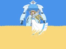 Rule 34 | 1girl, aobito sukoyaka bystander, blonde hair, blue eyes, blue sky, blunt bangs, center frills, commentary request, dress, drill hair, facial hair, frills, gloves, gundam, highres, kihel heim, long dress, long hair, long sleeves, looking away, mecha, mobile suit, mustache, outstretched arm, robot, science fiction, sky, standing, turn a gundam, turn a gundam (mobile suit), ukrainian flag, wheat field, white dress, white gloves, white headwear, wind, yellow eyes