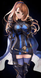Rule 34 | 1girl, armor, asymmetrical bangs, beatrix (granblue fantasy), belt, black background, black bodysuit, blush, bodysuit, breasts, brown hair, cape, closed mouth, elbow pads, granblue fantasy, greaves, green eyes, highres, large breasts, long hair, looking at viewer, pauldrons, ponytail, shoulder armor, simple background, smile, solo, swept bangs, thighs, untue