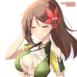 Rule 34 | 1girl, amagi (kancolle), breasts, brown hair, cleavage, closed eyes, crop top, dated, hair ornament, high ponytail, kantai collection, large breasts, leaf, leaf hair ornament, long hair, m.a.o, maple leaf, mole, mole under eye, one-hour drawing challenge, sidelocks, simple background, smile, solo, twitter username, white background, wide ponytail