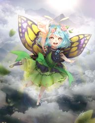 Rule 34 | 1girl, 2018, antennae, artist name, bad id, bad pixiv id, barefoot, blush, bow, butterfly wings, cloud, dress, eternity larva, flower, flying, hair flower, hair ornament, insect wings, leaf, leaf on head, light, merry (cranberry), mountain, open mouth, outstretched arm, pink bow, ribbon, river, sleeveless, sleeveless dress, solo, sun, touhou, white ribbon, wings