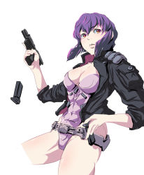 Rule 34 | 1girl, absurdres, breasts, ghost in the shell, gun, highres, jacket, koda1ra, kusanagi motoko, open clothes, purple hair, short hair, simple background, solo, weapon, white background