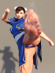 Rule 34 | 1girl, 3d, brown eyes, capcom, chinese clothes, chun-li, covered erect nipples, double bun, feet, hair bun, highres, koupantyhose, long hair, looking at viewer, pantyhose, parted lips, smile, soles, steam, street fighter, toes