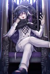 Rule 34 | 1boy, black cape, black hair, blurry, buttons, cape, checkered clothes, checkered scarf, commentary request, crossed legs, danganronpa (series), danganronpa v3: killing harmony, dated, double-breasted, hair between eyes, hands up, happy birthday, highres, jacket, long sleeves, looking at viewer, male focus, open mouth, oma kokichi, pants, purple eyes, purple hair, scarf, shoes, sitting, solo, straitjacket, teeth, throne, two-sided cape, two-sided fabric, white pants, z-epto (chat-noir86)