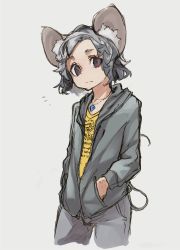 Rule 34 | 1girl, absurdres, animal ears, bright pupils, casual, closed mouth, contemporary, cowboy shot, grey background, grey hair, grey jacket, grey pants, hands in pockets, highres, hood, hood down, hooded jacket, jacket, jewelry, looking at viewer, mouse ears, mouse tail, nazrin, necklace, notice lines, pants, red eyes, reiga (act000), short hair, simple background, solo, tail, touhou, white pupils