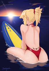 Rule 34 | 1girl, ass, back tattoo, blonde hair, casual one-piece swimsuit, facing away, fate/apocrypha, fate/grand order, fate (series), from behind, highres, long hair, mordred (fate), mordred (fate) (all), mordred (swimsuit rider) (fate), mordred (swimsuit rider) (first ascension) (fate), ocean, one-piece swimsuit, partially submerged, ponytail, red one-piece swimsuit, scrunchie, shiny skin, solo, sun, sunset, surfboard, surfing, swimsuit, tattoo, tramp stamp, wet, zealyush