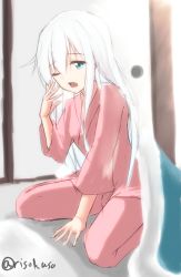 Rule 34 | 1girl, alternate costume, between legs, blue eyes, futon, hair between eyes, hand between legs, hibiki (kancolle), indoors, kantai collection, long hair, long sleeves, no headwear, one eye closed, pants, pink pants, pink shirt, risokaaso (tommy9551), shirt, silver hair, sitting, solo, straight hair, twitter username, under covers, very long hair, yawning