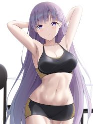 Rule 34 | 1girl, absurdres, armpits, arms behind head, arms up, bare arms, bare shoulders, bike shorts, black shorts, blush, breasts, cleavage, collarbone, commission, commissioner upload, cowboy shot, fire emblem, fire emblem: the binding blade, highres, keenh, large breasts, long hair, midriff, navel, nintendo, purple eyes, purple hair, short shorts, shorts, solo, sophia (fire emblem), sports bra, standing, stomach, very long hair