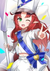 Rule 34 | 1girl, absurdres, ahoge, arknights, blue sash, cape, cropped shirt, drum major, flag, green eyes, hat, highres, holding, holding flag, k@bu, long hair, long sleeves, looking at viewer, myrtle (arknights), myrtle (light gold celebration) (arknights), navel, official alternate costume, one eye closed, open mouth, red hair, sash, shako cap, shirt, skirt, smile, solo, v, whistle, white cape, white flag, white hat, white shirt, white skirt