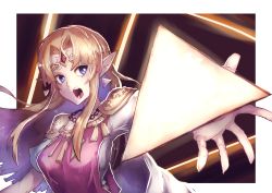Rule 34 | 1girl, absurdres, blonde hair, blue eyes, breasts, circlet, dress, earrings, furrowed brow, highres, jewelry, necklace, nintendo, open mouth, pink dress, pointy ears, princess zelda, shiburingaru, short sleeves, sidelocks, solo, super smash bros., the legend of zelda, the legend of zelda: a link between worlds